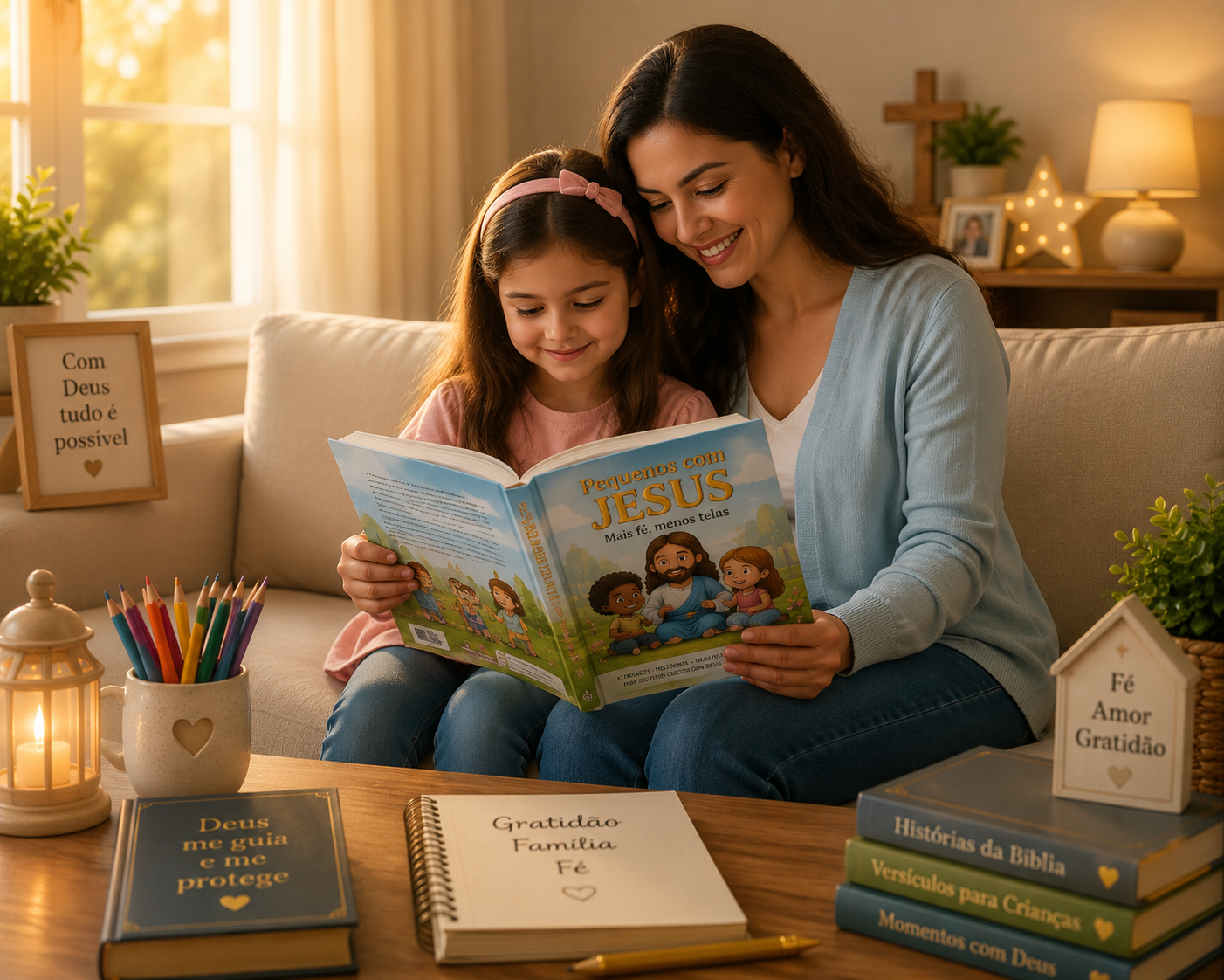 Mãe e filha lendo Pequenos com Jesus juntas
