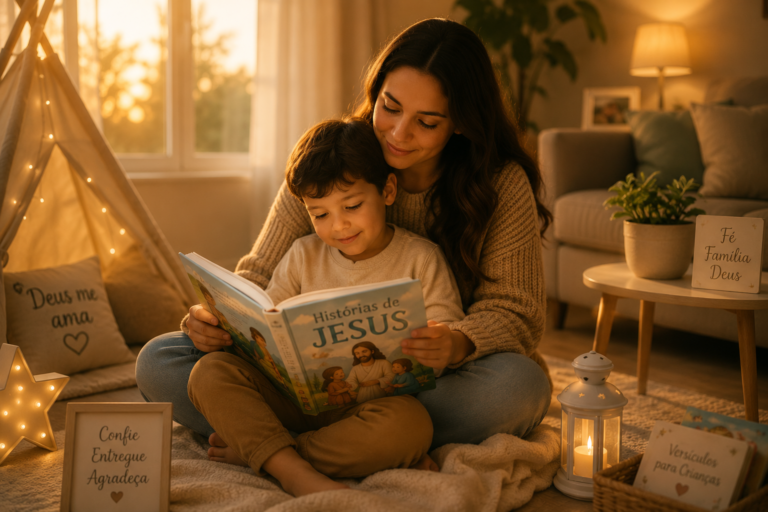 Mãe e filho lendo histórias de Jesus juntos