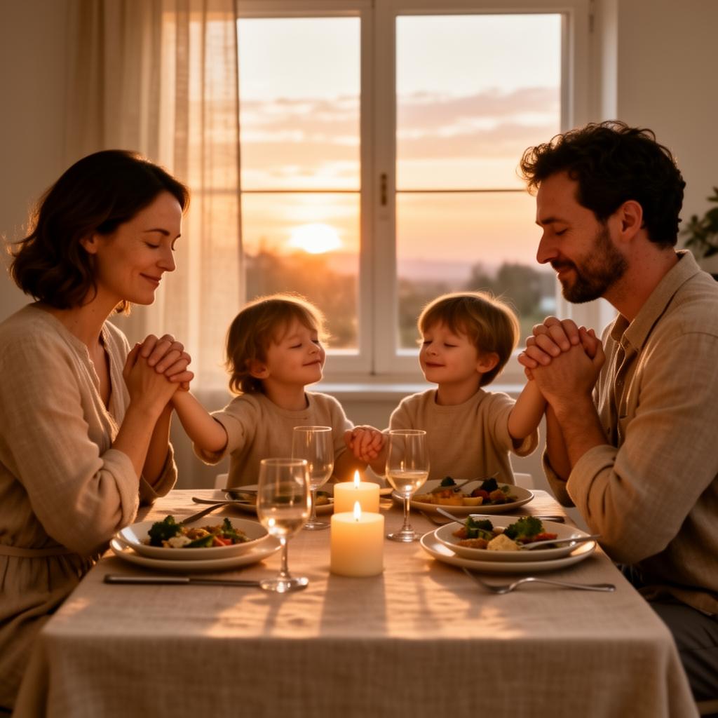 Família orando junto ao pôr do sol